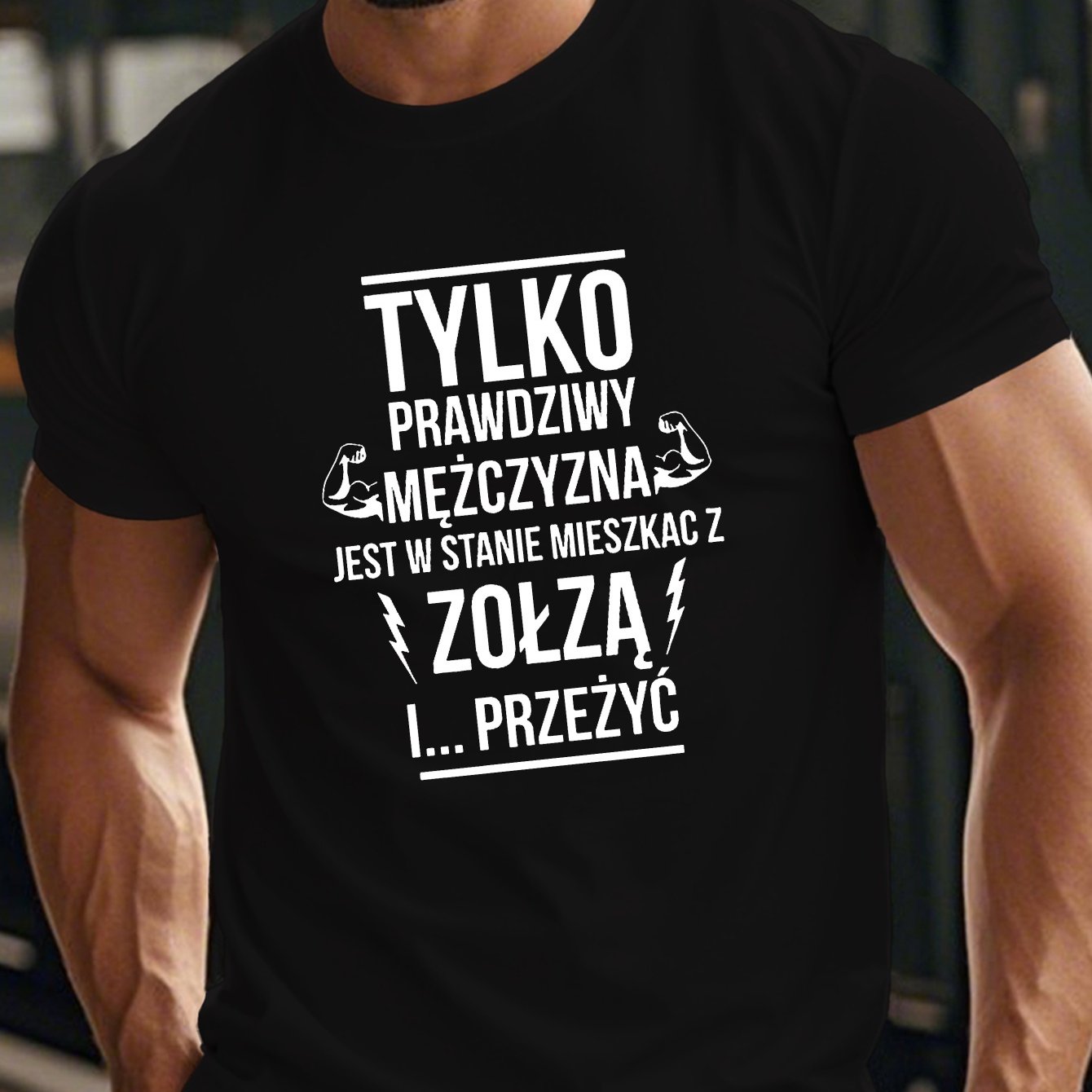 TEMU Koszulka Męska z Zabawnym Napisem w Języku Polskim - Letni Casualowy T-shirt z Geometrycznym Wzorem, Oliwkowo-Zielony Okrągły Dekolt Krótki