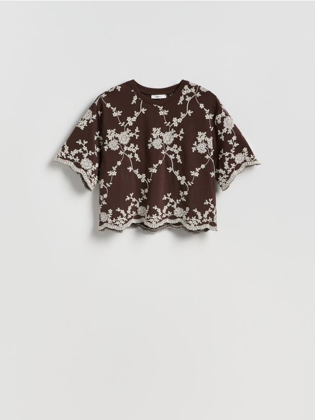 Reserved - Wzorzysta bluzka z haftem - ciemnobrązowy