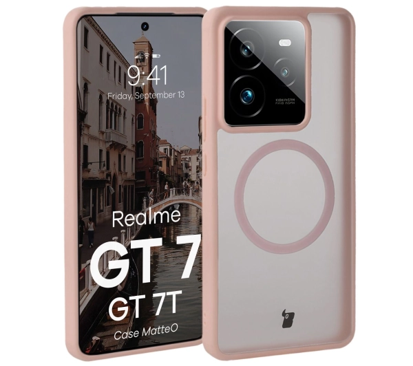 Bizon MatteO z MagSafe do Realme GT 7 / Realme GT 7T Półprzezroczyste z różową ramką