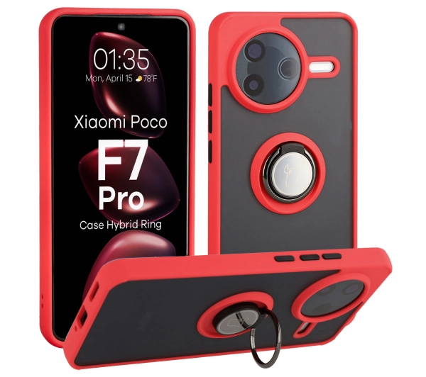 Bizon z uchwytem na palec Hybrid Ring do Xiaomi POCO F7 Pro Przydymione z czerwoną ramką