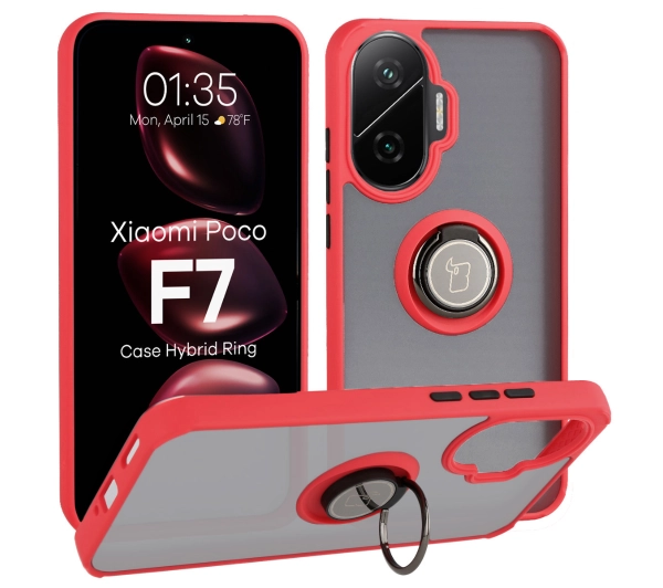 Bizon z uchwytem na palec Hybrid Ring do Xiaomi POCO F7 Przydymione z czerwoną ramką