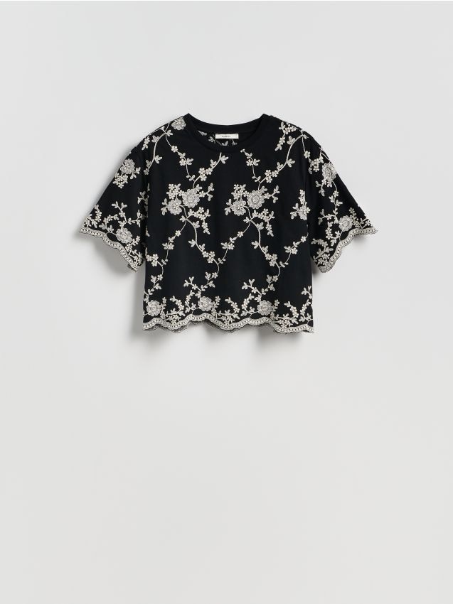 Reserved - Wzorzysta bluzka z haftem - czarny