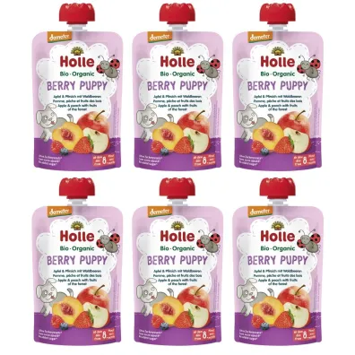 Holle Mus Jagodowy piesek Jabłko i brzoskwinia z owocami leśnymi od 8 miesiąca zestaw 6 x 100 g Bio