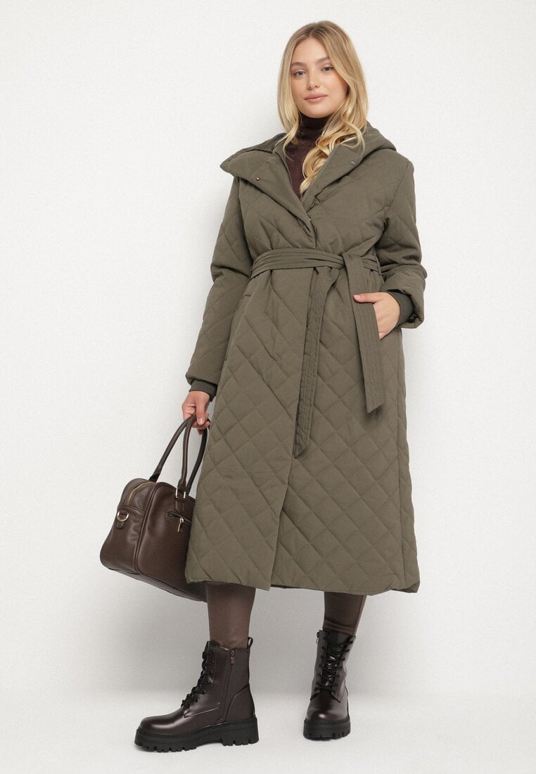 Ciemnobeżowa Pikowana Kurtka Przejściowa z Kapturem i Wiązanym Paskiem Vonella