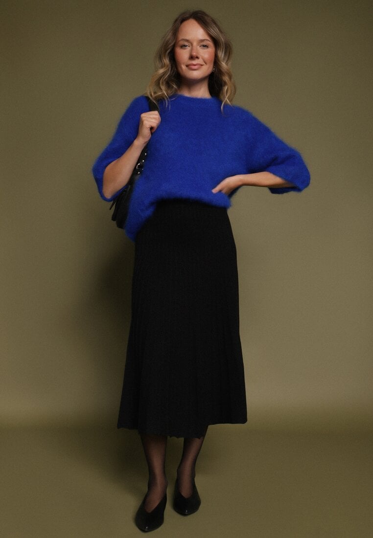 Czarna Plisowana Spódnica z Dzianiny z Kaszmirem o Rozkloszowanym Kroju Grestive