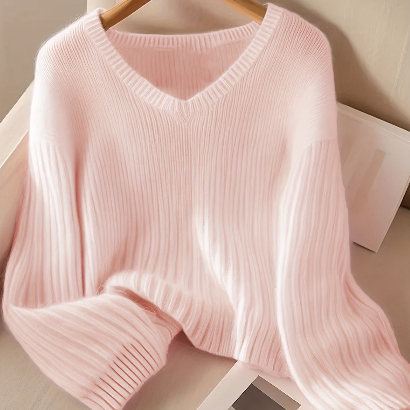 TEMU Sweter Damski z Eleganckim Dekoltem w Serek - Miękka Pastelowa Róż, Luźny Sweter na Jesień/Zimę, Stylowe Ubrania do Biura i Codziennego Noszenia