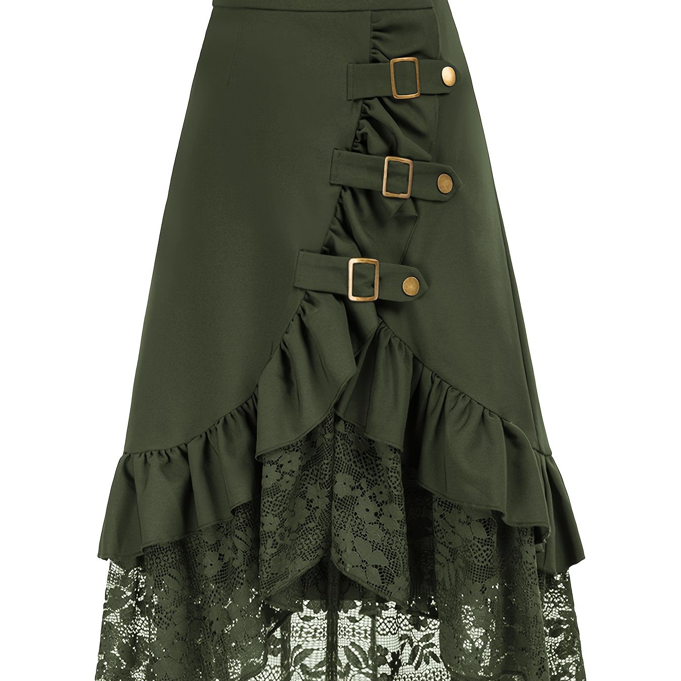 TEMU Modna gotycka spódnica w stylu pirate z koronkowym patchworkiem i falbankami w jednolitym kolorze