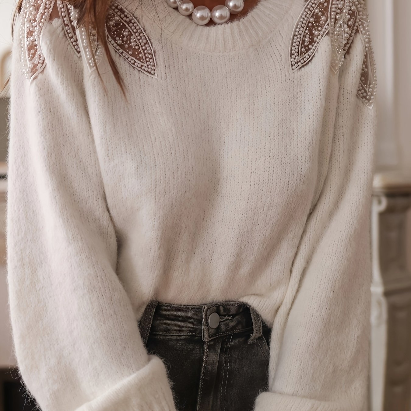 TEMU Sweter damski z okrﾄ�gﾅＺm dekoltem i dﾅＶgim rﾄ冖awem, kwiaty na ramionach z koralikami 窶� jesieﾅ�/