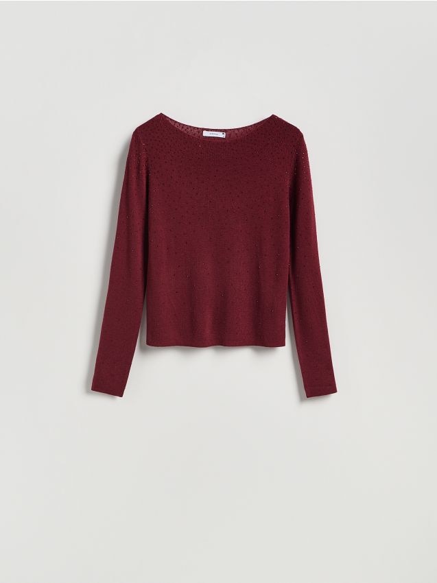 Reserved - Sweter z błyszczącą aplikacją - bordowy