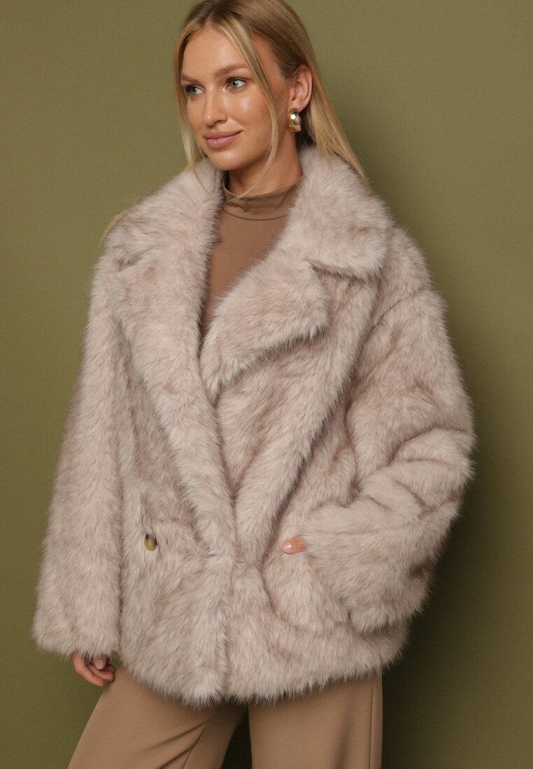 Beżowa Dwurzędowa Kurtka Futerko o Fasonie Oversize Asinella