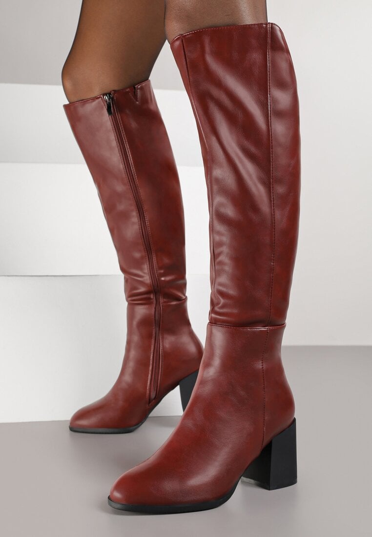 Bordowe Kozaki Vices na Obcasie Ozdobione Przeszyciami Cidvira