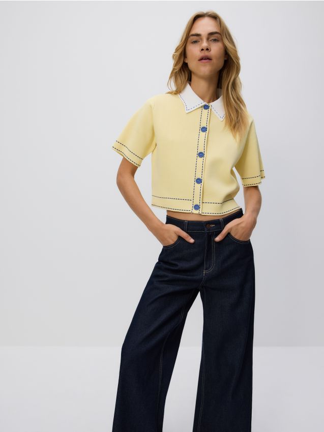 Reserved - Kardigan z ozdobnym kołnierzem - jasnożółty