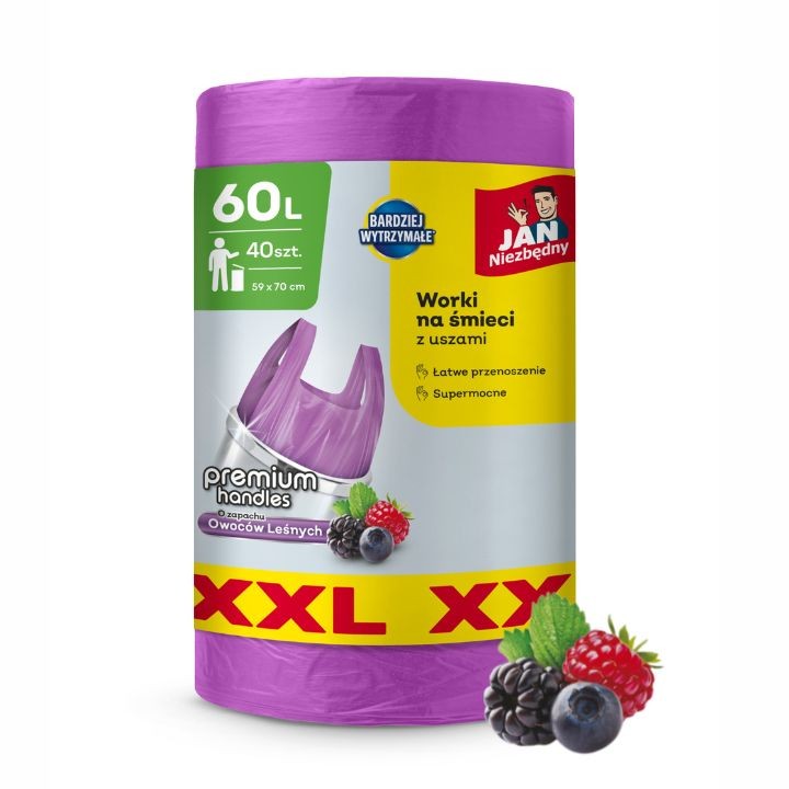 Worki na śmieci 60L o zapachu owoców leśnych z uszami Jan Niezbędny 40 szt.