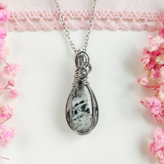 Naszyjnik Jaspis Szary stal chirurgiczna wisiorek handmade