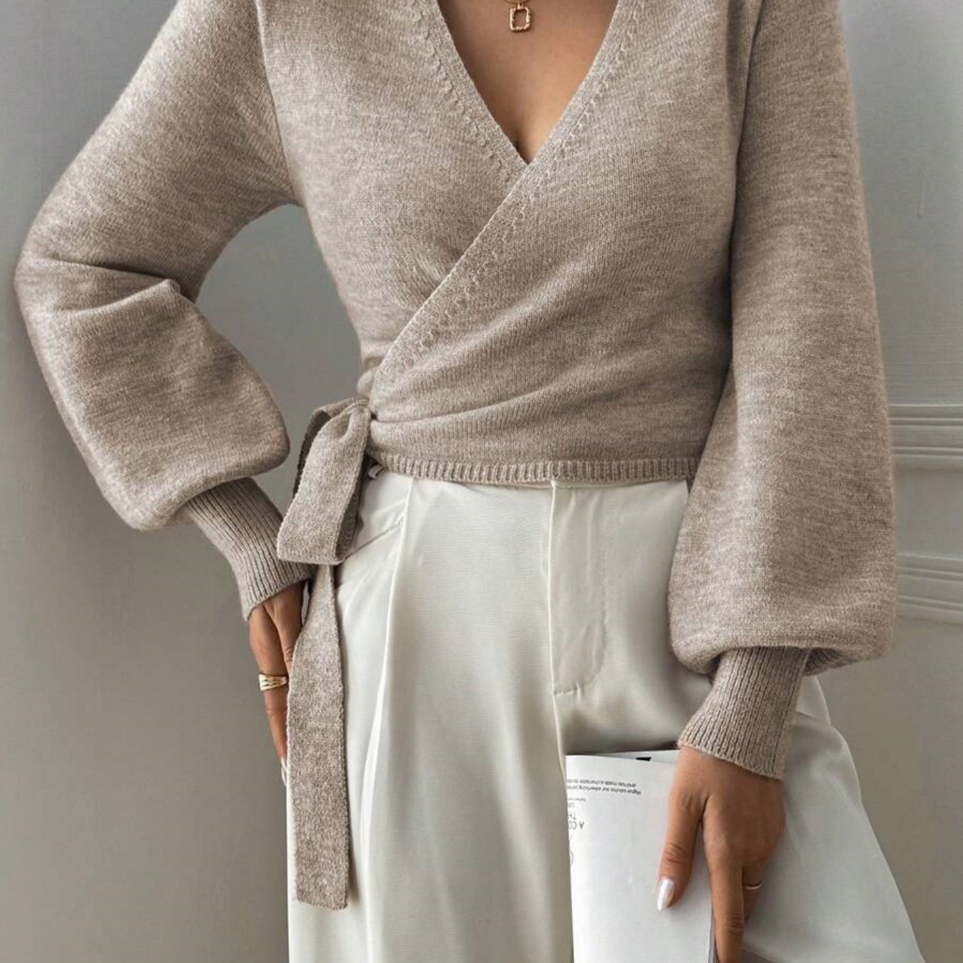 TEMU Krótki sweter z dekoltem w serek i owijanym krojem, z długim rękawem i eleganckim stylem, idealny na co dzień