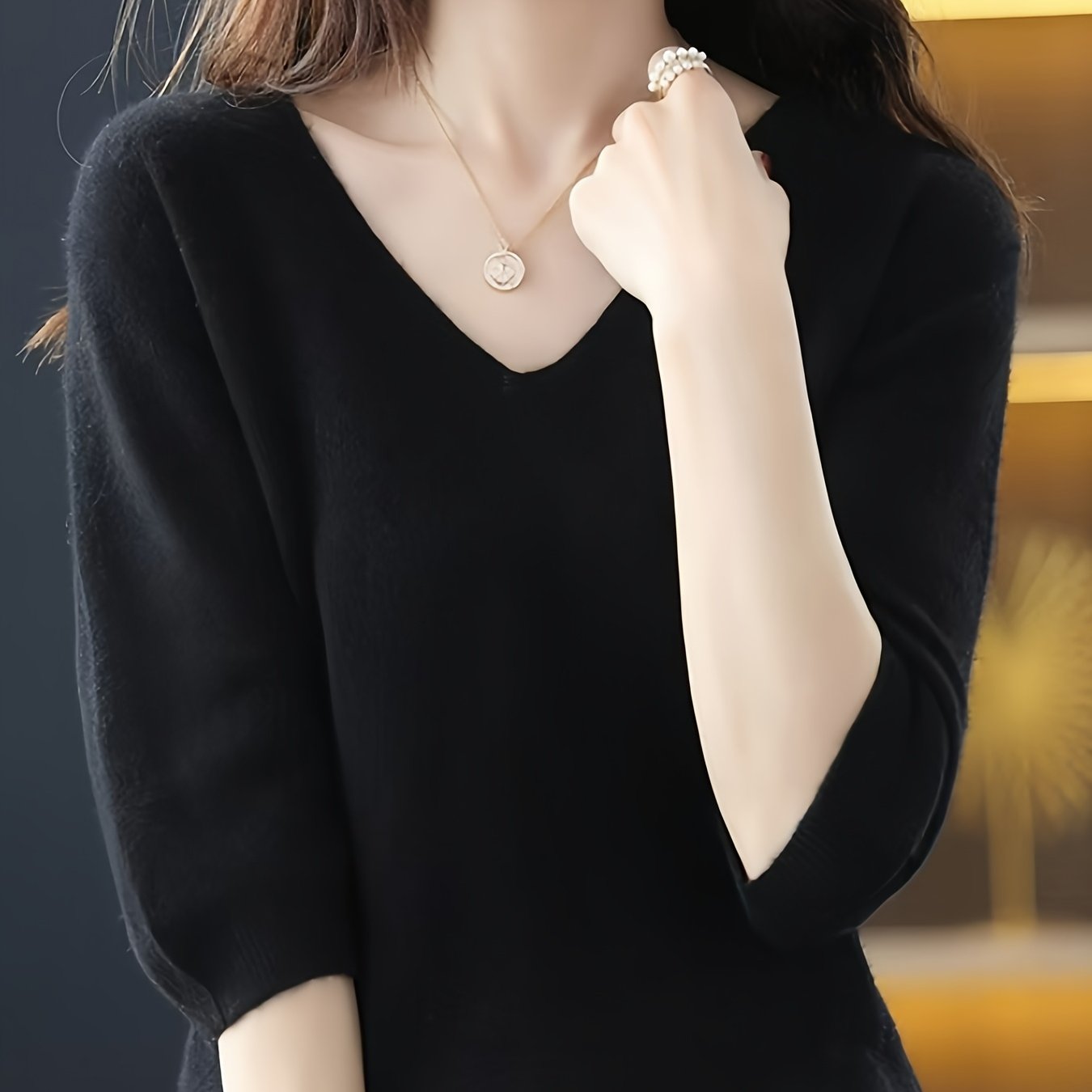 TEMU Elegancki Sweter Damski z Dekoltem w Serek i Pół-Zamki - Miękka Beżowa Bluzka o Kształcie H, Krótki Rękaw, Średnio Elastyczny Top na Wszystkie