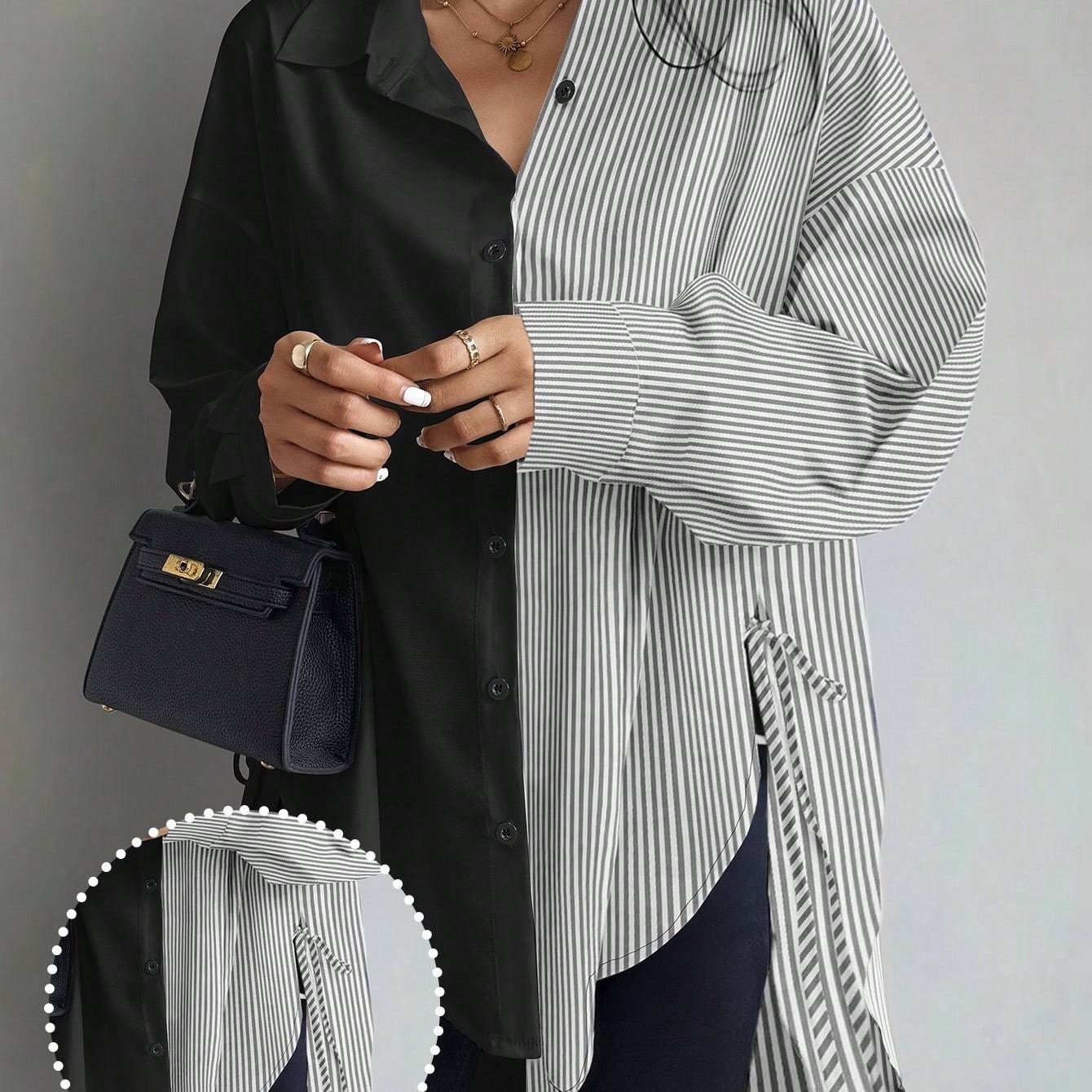 TEMU Damska koszulka w paski w blokach kolorystycznych z asymetrycznym dołem, bluzka z długim rękawem dla kobiet