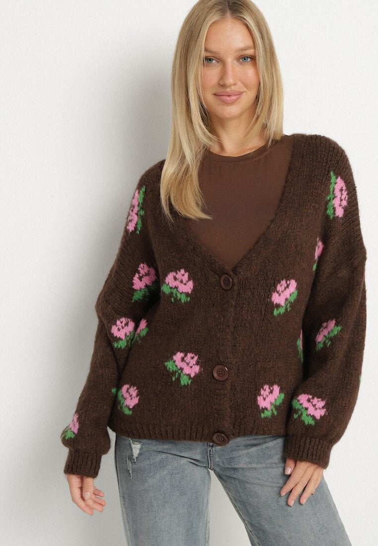 Brązowy Kardigan Oversize z Domieszką Wełny w Kwiatowy Wzór Nelenea