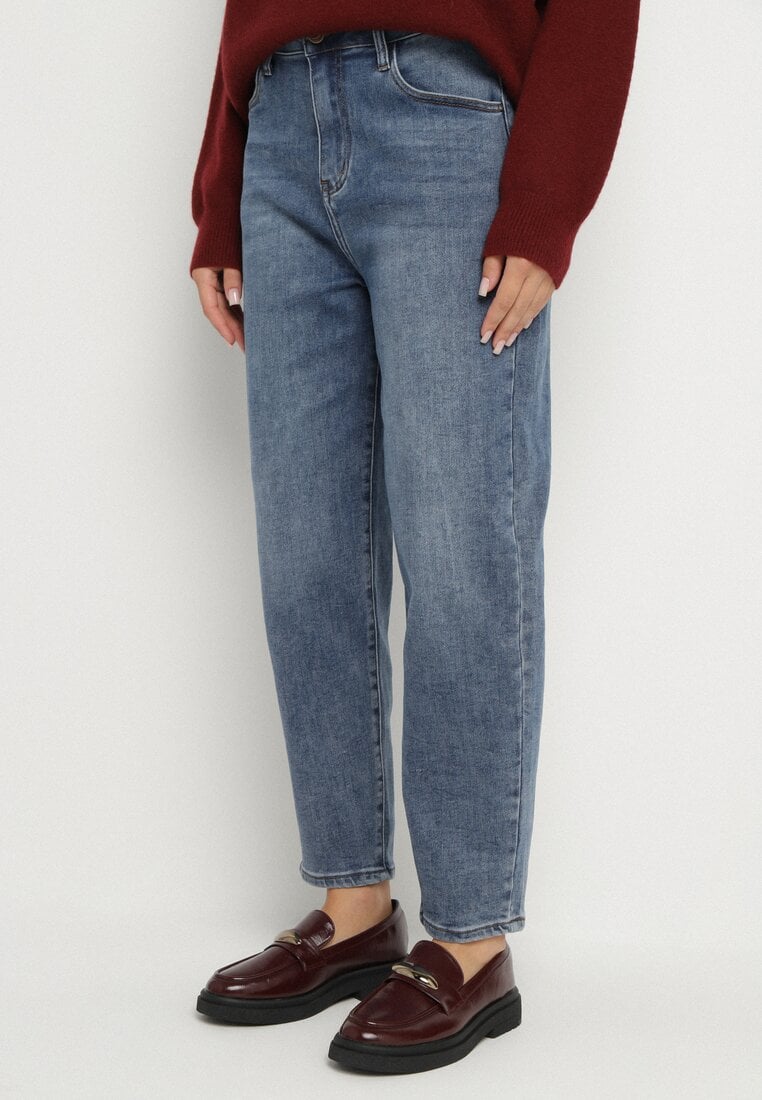 Niebieskie Klasyczne Jeansy o Kroju Mom Fit z Wysokim Stanem Nellessa