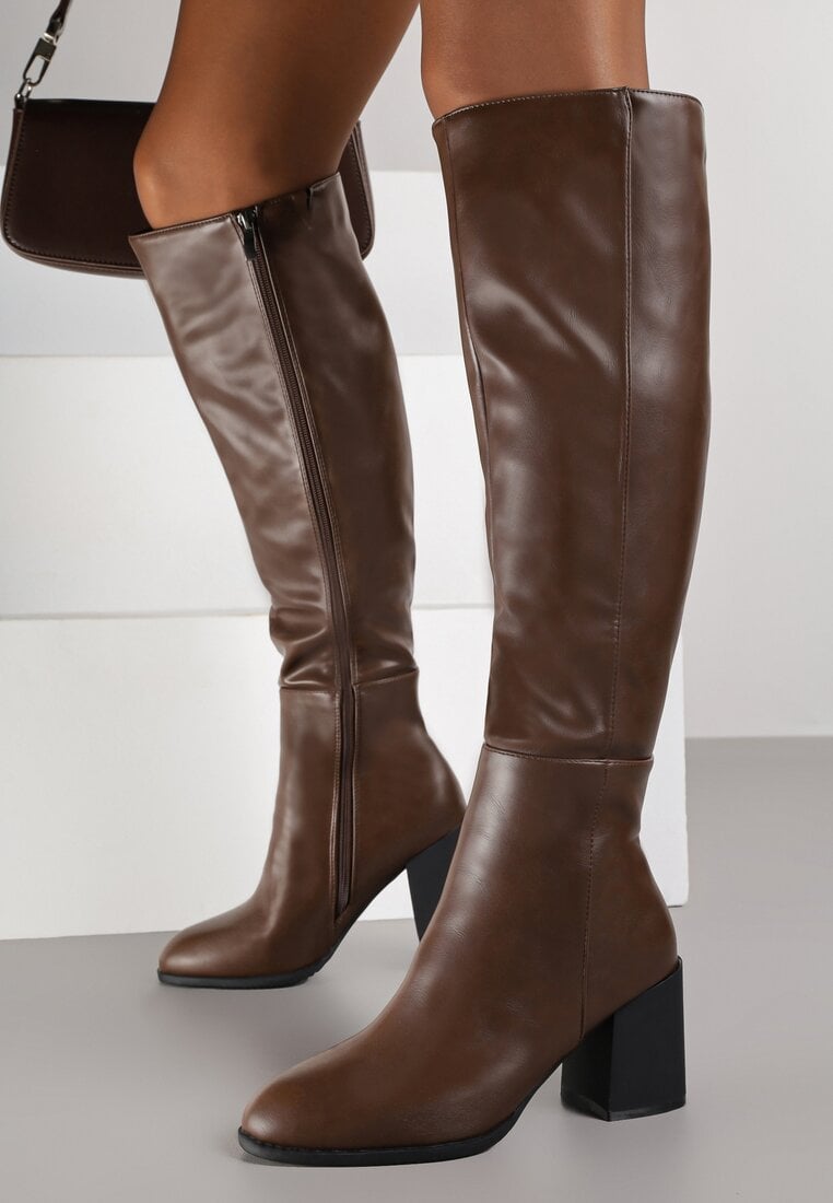 Brązowe Kozaki Vices na Obcasie Ozdobione Przeszyciami Cidvira