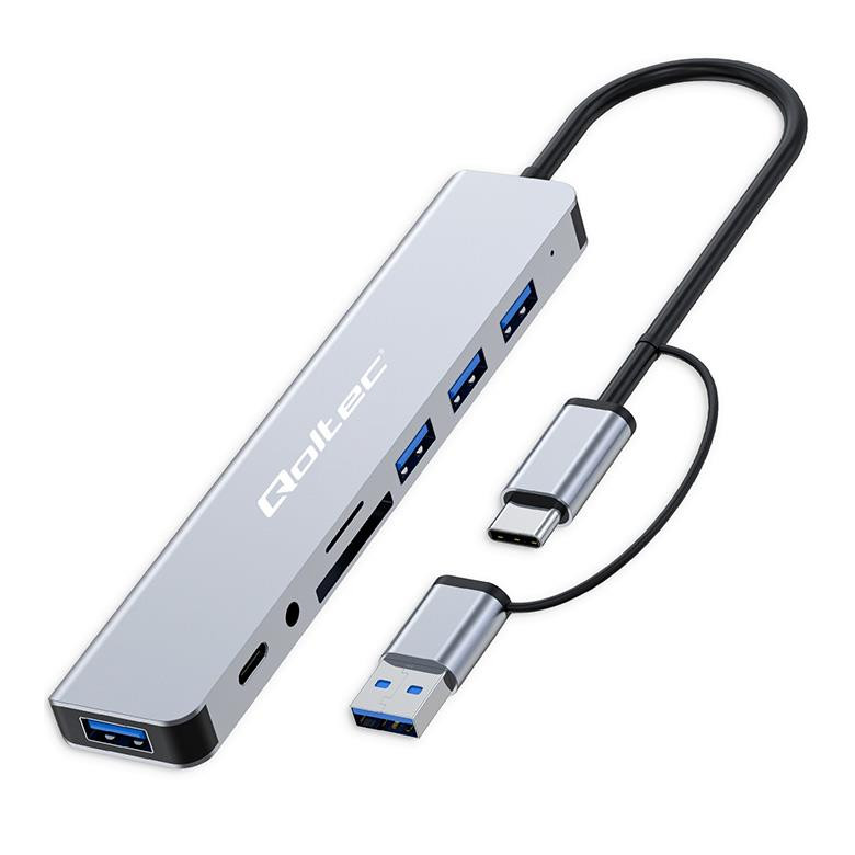 Hub Qoltec 8w1 USB-C/USB USB-C 4xUSB SD/TF card Jack 3.5mm TRRS 53794