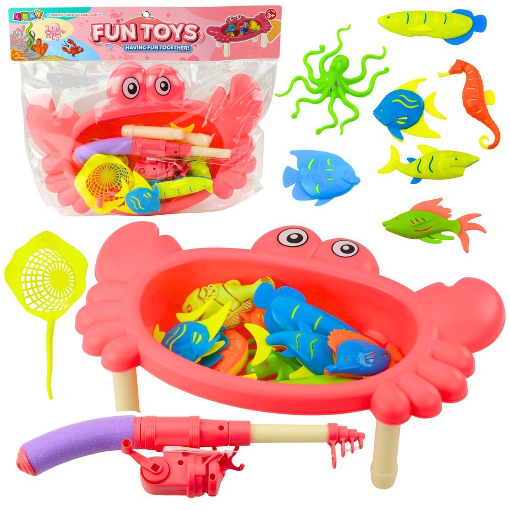 Zestaw Do Łowienia Rybek Stolik Krab 10 Rybek Wędka Sitko Różowy LEAN Toys