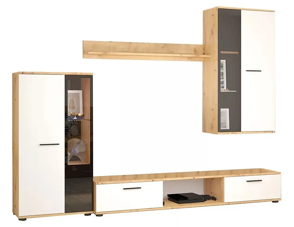 Nowoczesna meblościanka z witryną biały + dąb artisan - Naverox