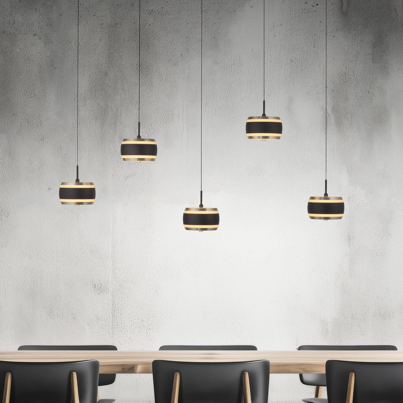 PURE Lampa wisząca Falling Rings, możliwość ściemniania, czarny, salon / jadalnia, metal, nowoczesny