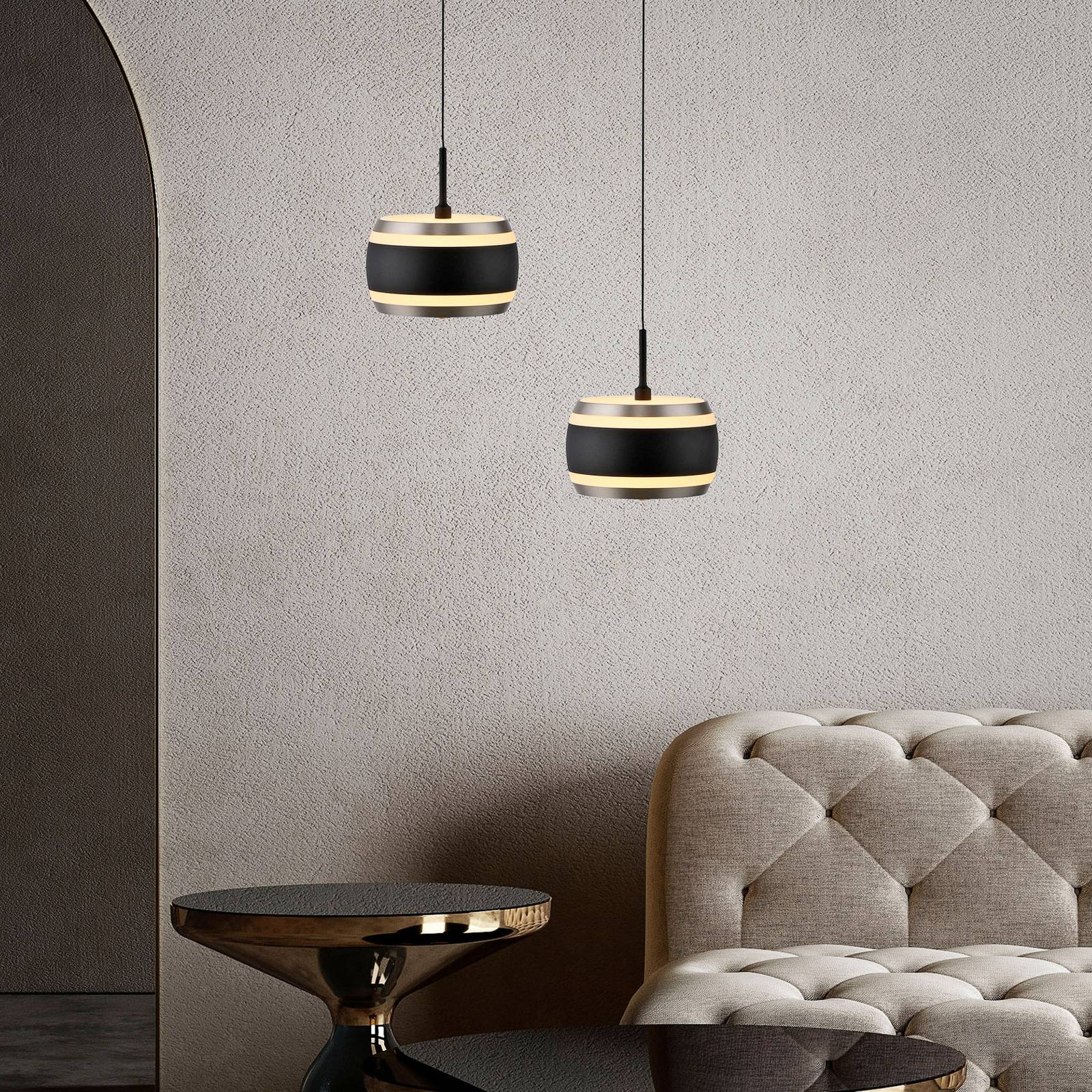PURE Lampa wisząca Falling Rings, możliwość ściemniania, czarny, salon / jadalnia, metal, nowoczesny