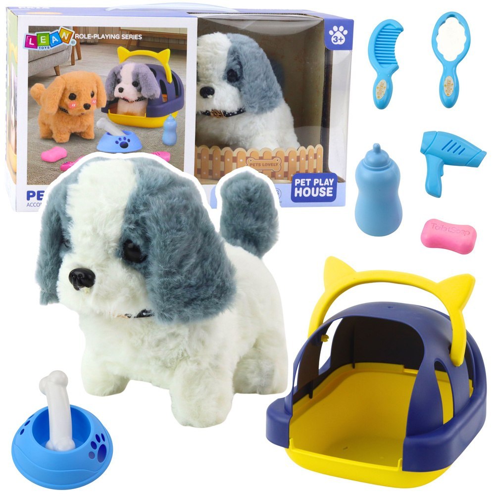 Pies Interaktywny Pluszowy Chodzi Szczeka Transporter Akcesoria Szaro-Biały LEAN Toys