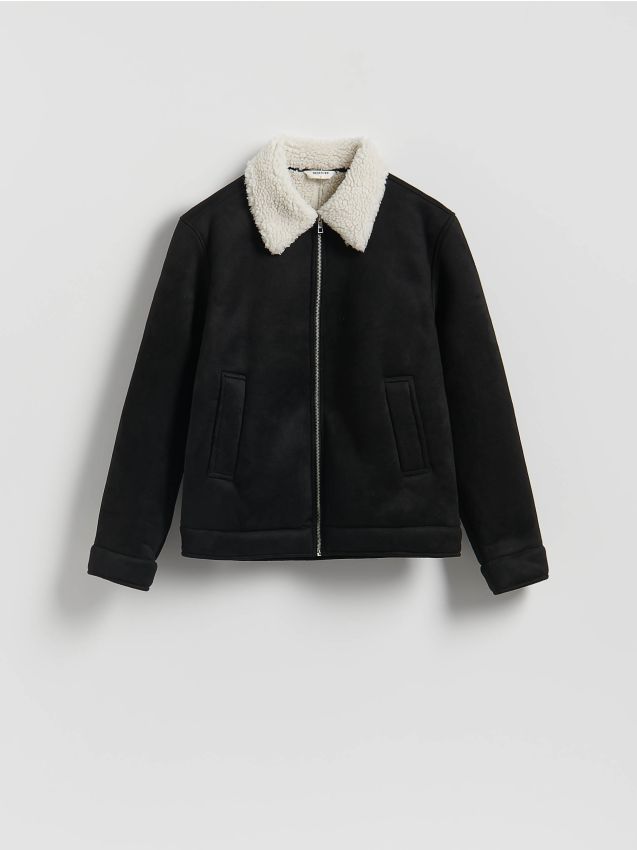 Reserved - Kurtka sherpa z kołnierzem - czarny