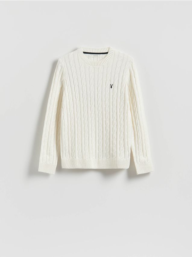 Reserved - Sweter z warkoczowym splotem - złamana biel