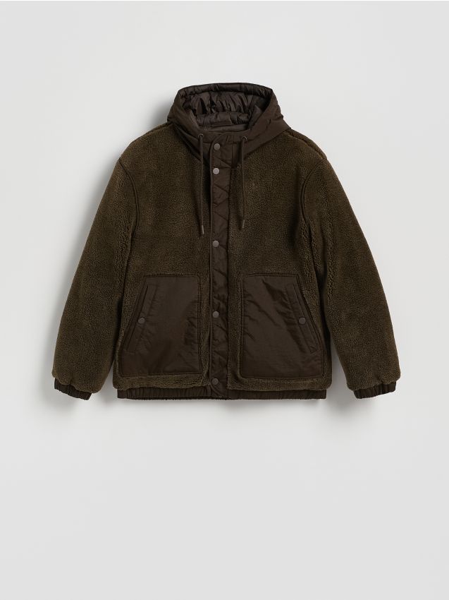 Reserved - Kurtka sherpa z kapturem - ciemnobrązowy