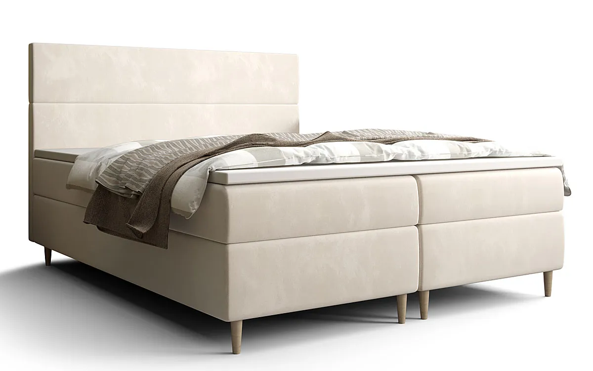 Beżowe tapicerowane welurem łóżko z pojemnikiem 7 rozmiarów - Solvion