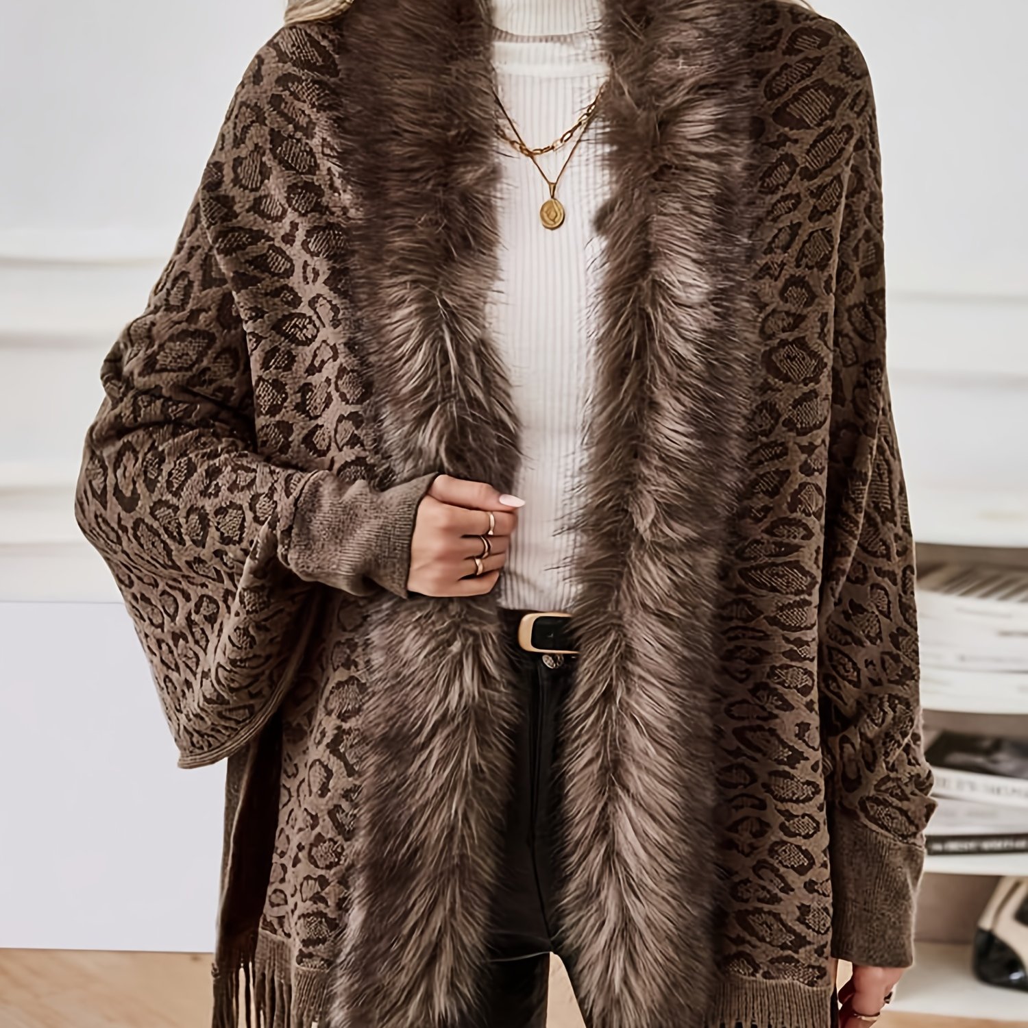 TEMU 1 szt. Elegancki damski kardigan w panterkę z rękawami typu 