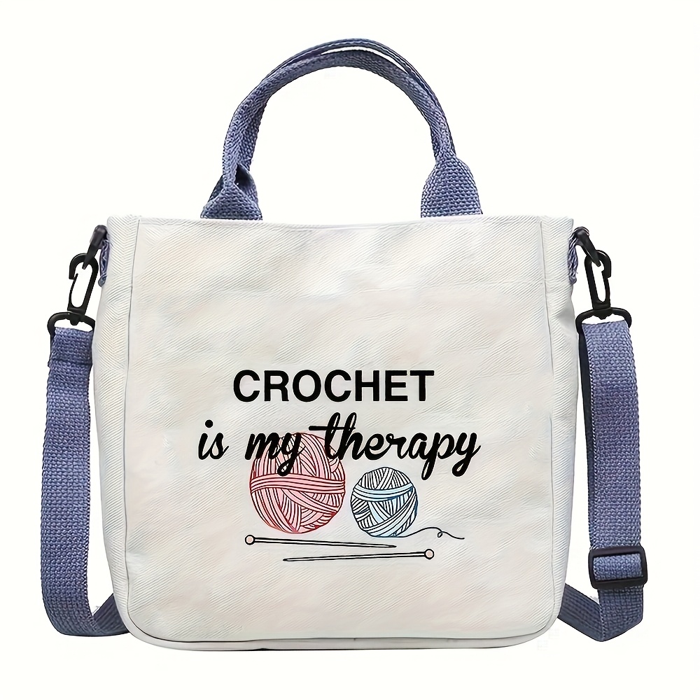 TEMU Torba na ramię z motywem szydełkowania – Biała torba z poliestru z nadrukiem „CROCHET is ” i wzorem kulec, magnetyczne zamknięcie dla kobiet, do