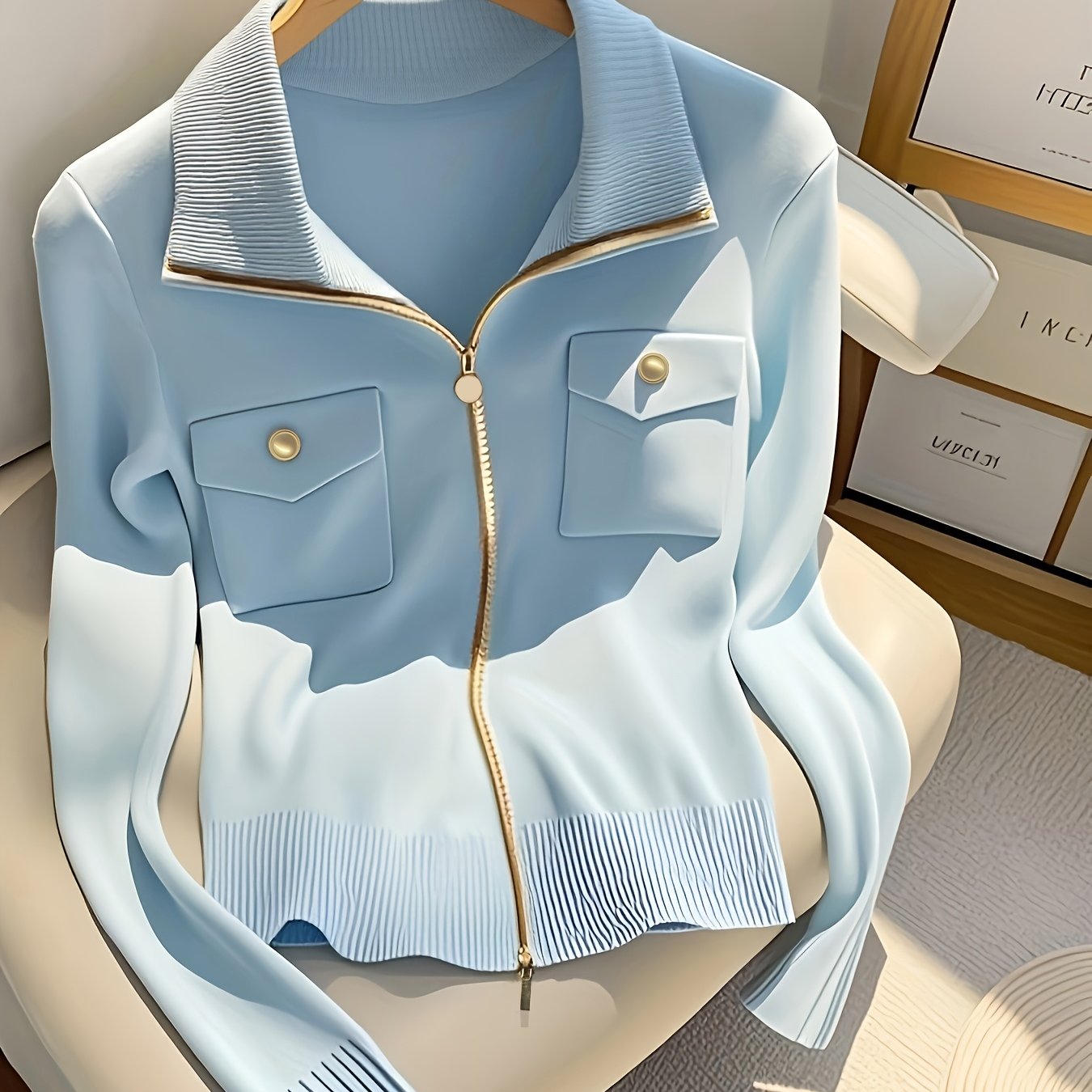 TEMU Elegancki kardigan z wysokim dekoltem i zamkiem błyskawicznym dla kobiet - stylowy sweter z długim rękawem i łańcuszkiem, jednolity niebieski,