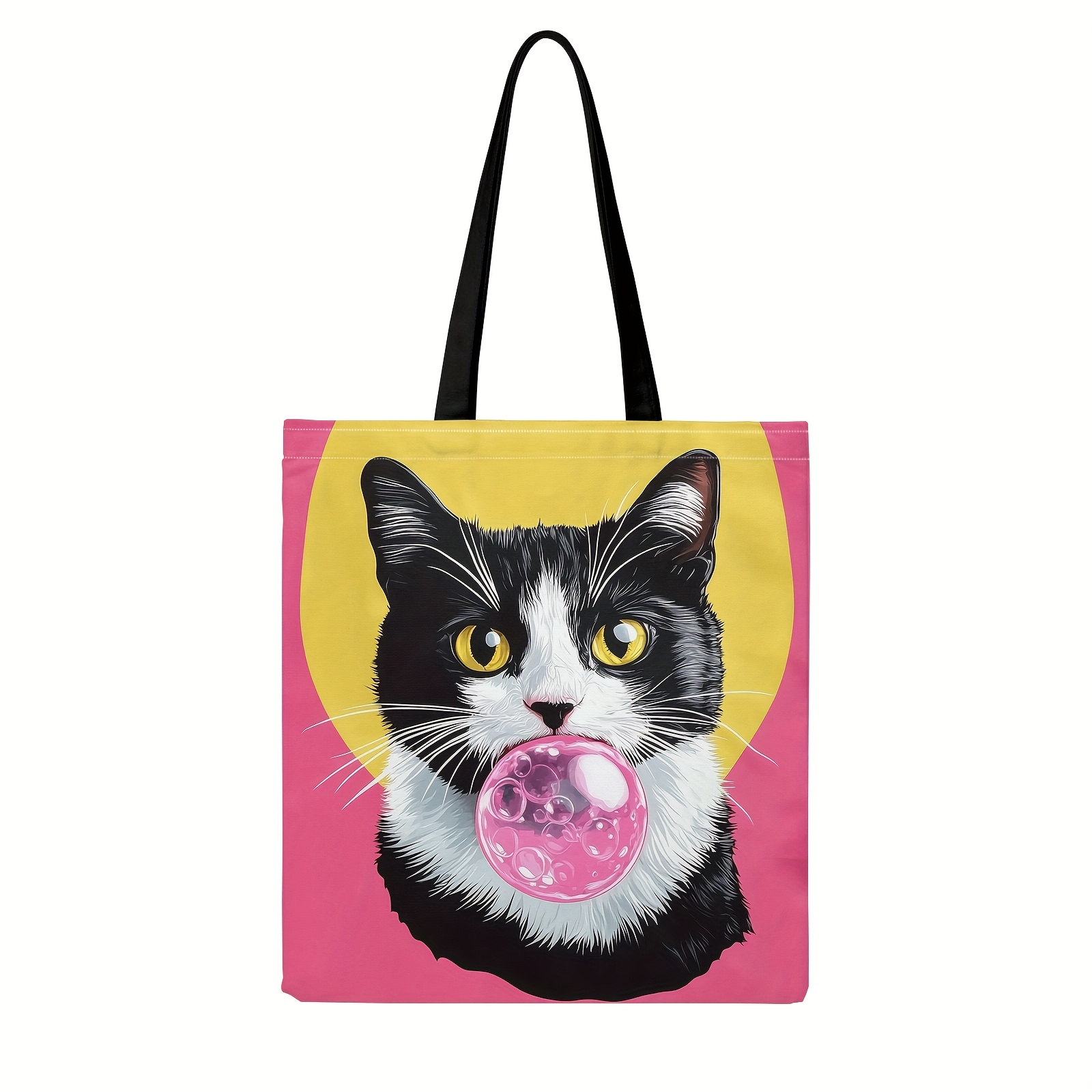 TEMU Torba Tote z Wzorem Czarno-Białego Kota i Gumy Balonowej – Elegancka, Wielorazowa Torba na Zakupy o Przestronnym Designie, Idealna na Codzienne