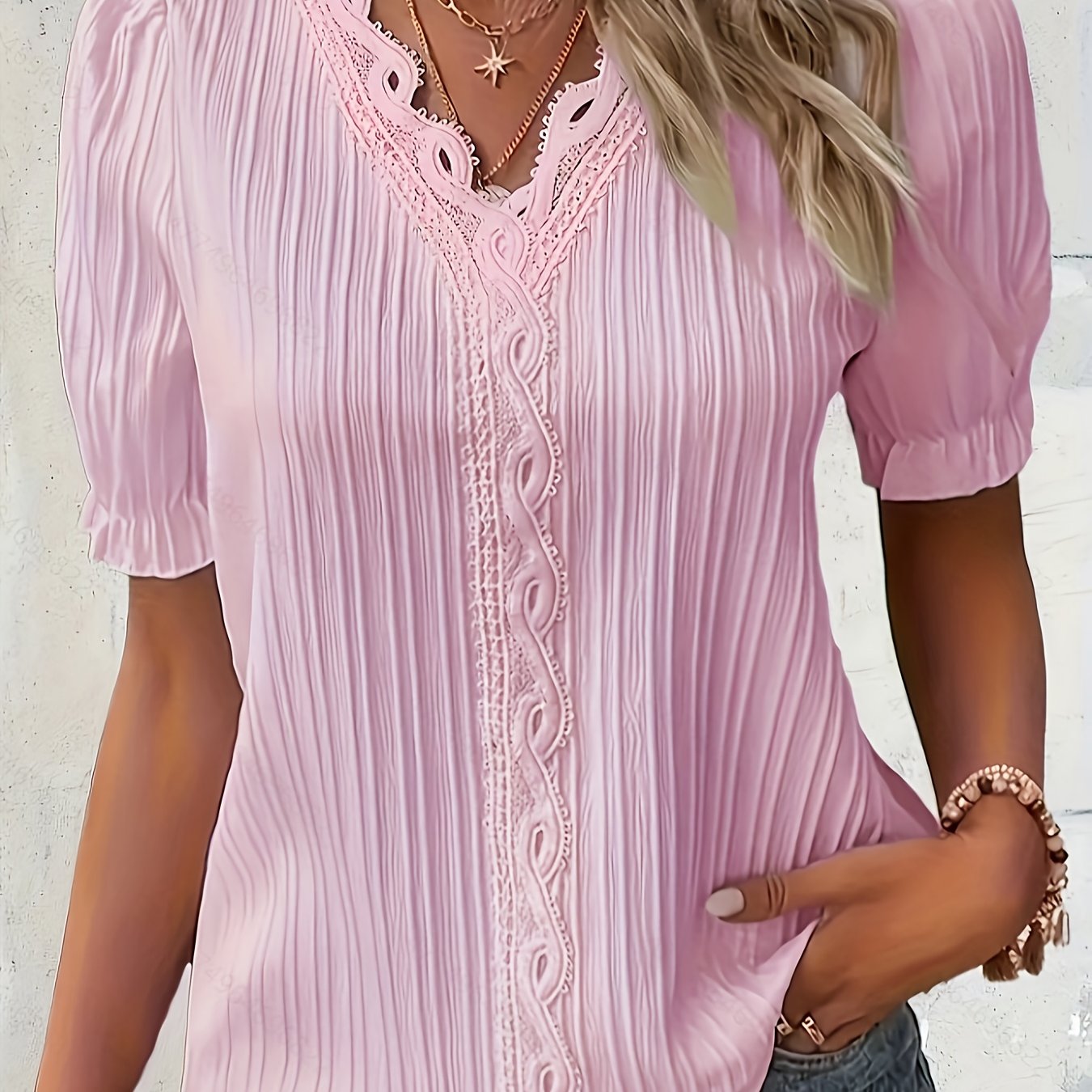 TEMU Elegancka bluzka damskiego w stylu V z koronką i rękawami z marszczonymi rękawami - lekka tkanina o strukturze, krótki top na co dzień na