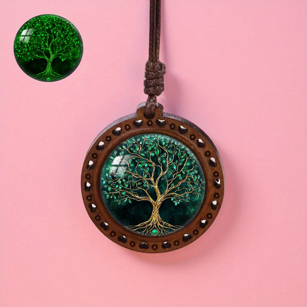 TEMU Wisiorek Drzewo Życia - Świecący w Ciemności, Naszyjnik z Recyklingowanego Drewna z Wzorem Vintage, Biżuteria dla Kobiet i Mężczyzn, Prezent na