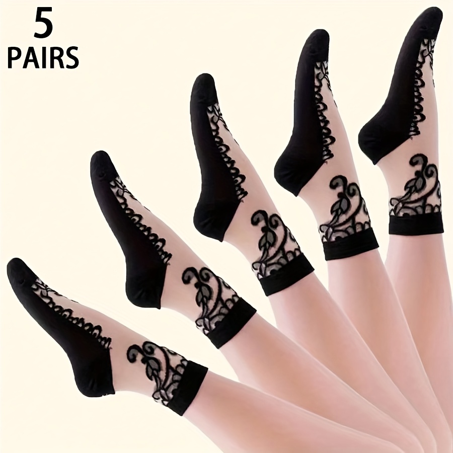TEMU 5 par damskich eleganckich, kwiecistych, czarnych, koronkowych, przezroczystych skarpetek do połowy łydki - , oddychające letnie niezbędne z