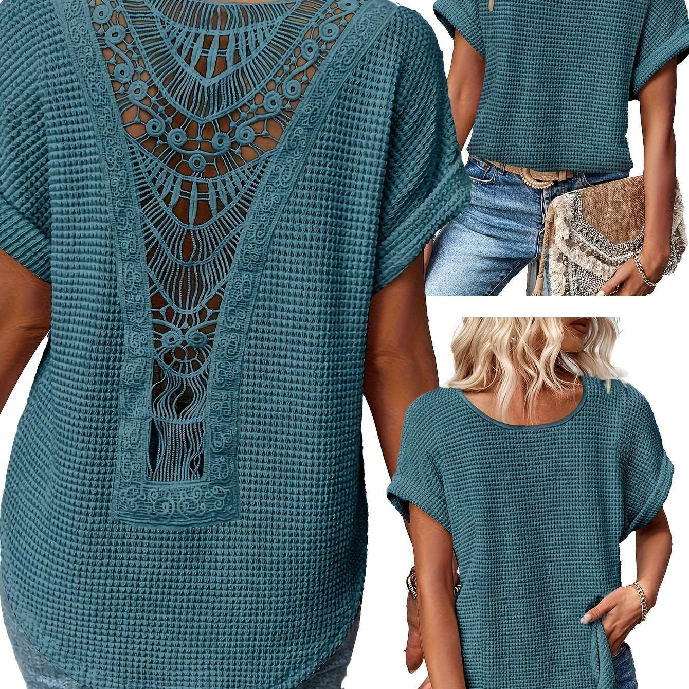 TEMU Damska Letnia Koszulka z Koronkowym Patchworkiem, Okrągły Dekolt, Krótki Rękaw, Casual