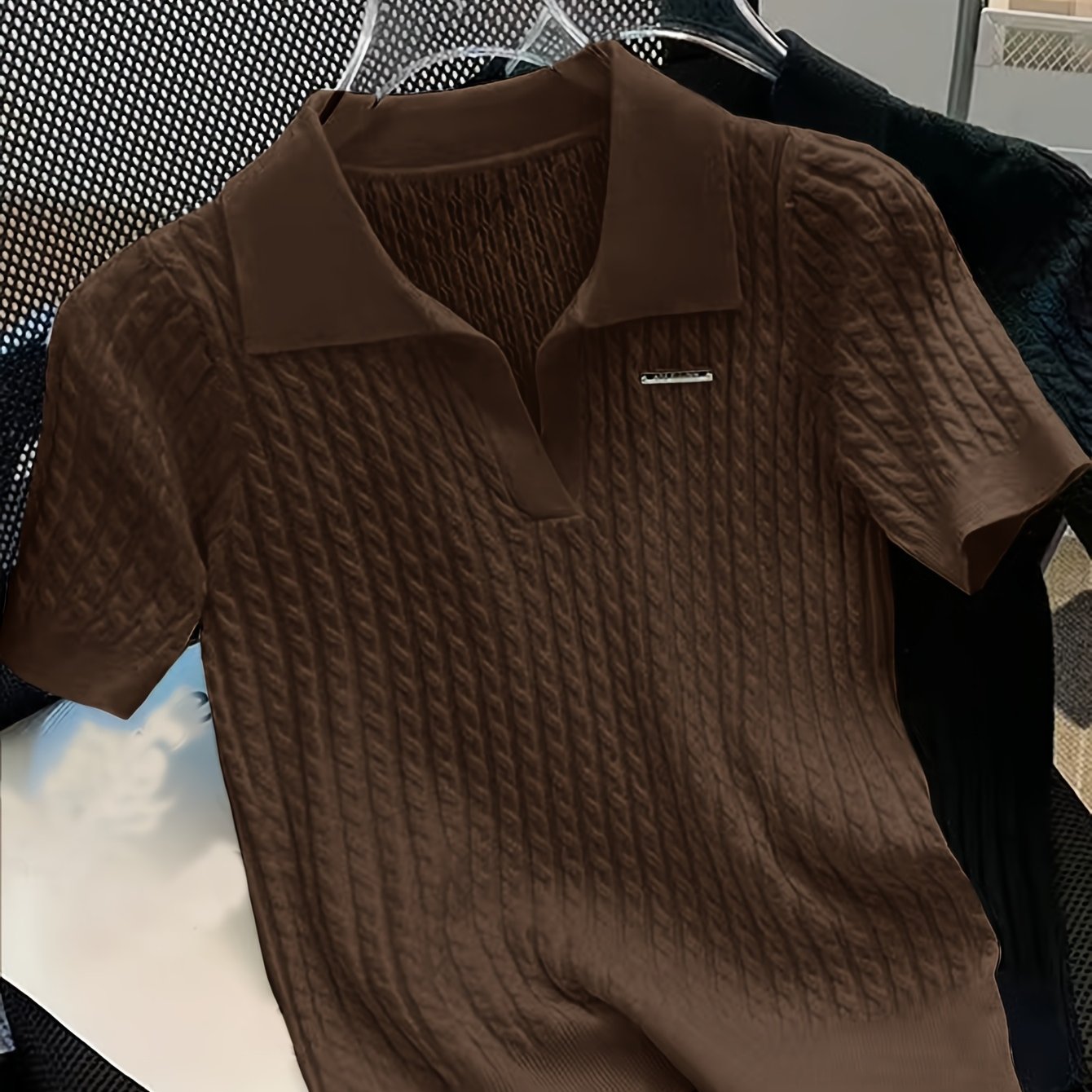 TEMU Elegancki, niebieski dzianinowy top z wyciętym dekoltem i sznurkiem - Damska koszulka z krótkim rękawem, blend z viskozy, prążkowana tekstura,