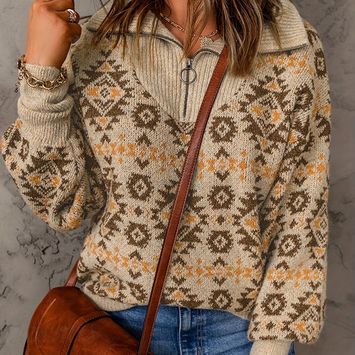 TEMU Sweter damski z dzianiny casual, z wysokim kołnierzem na zamek błyskawiczny, długim rękawem o prążkowanym wzorze, 100% poliester, kolekcja