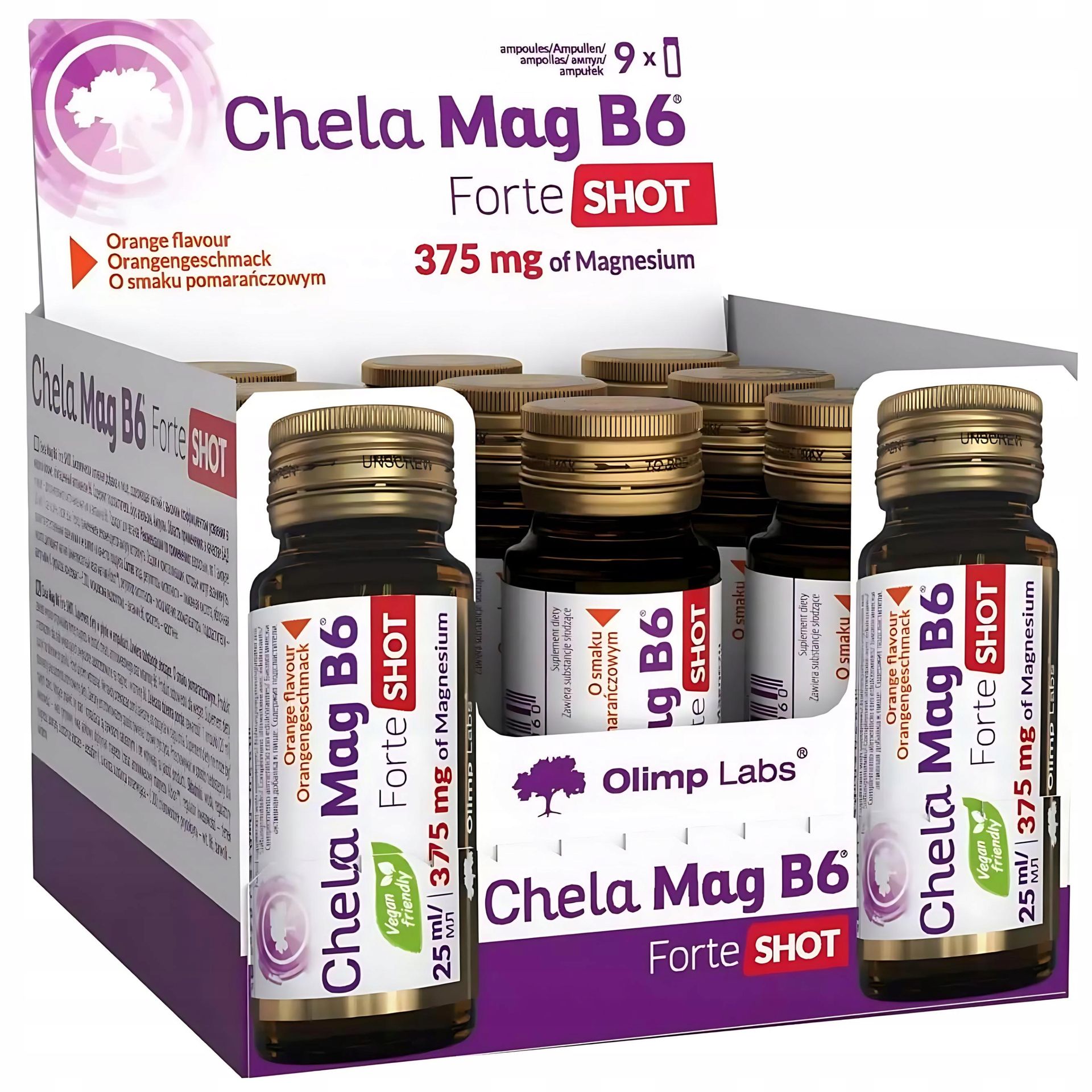 Olimp Chela-Mag B6 Forte Shot, ampułki, smak pomarańczowy, 9 x 25 ml