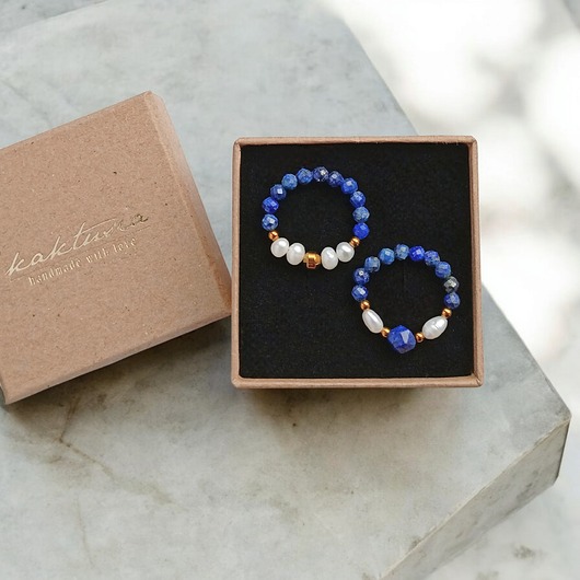 PREMIUM : zestaw pierścionków : lapis lazuli, perły