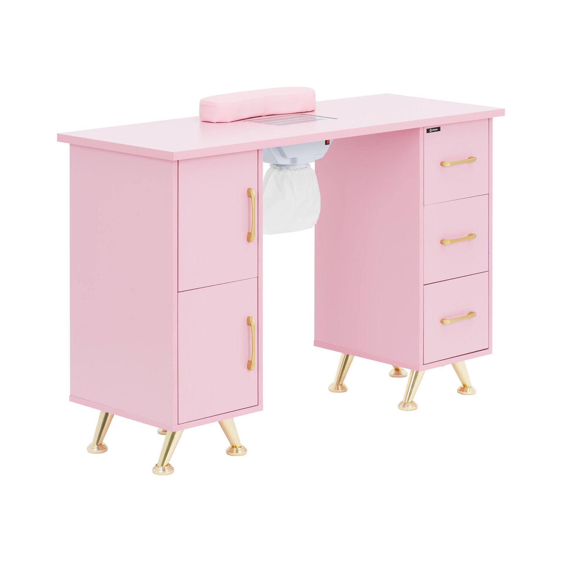 physa Biurko do manicure z pochłaniaczem różowe / złote 3 szuflady podpórka pod dłonie - Biurka do manicure