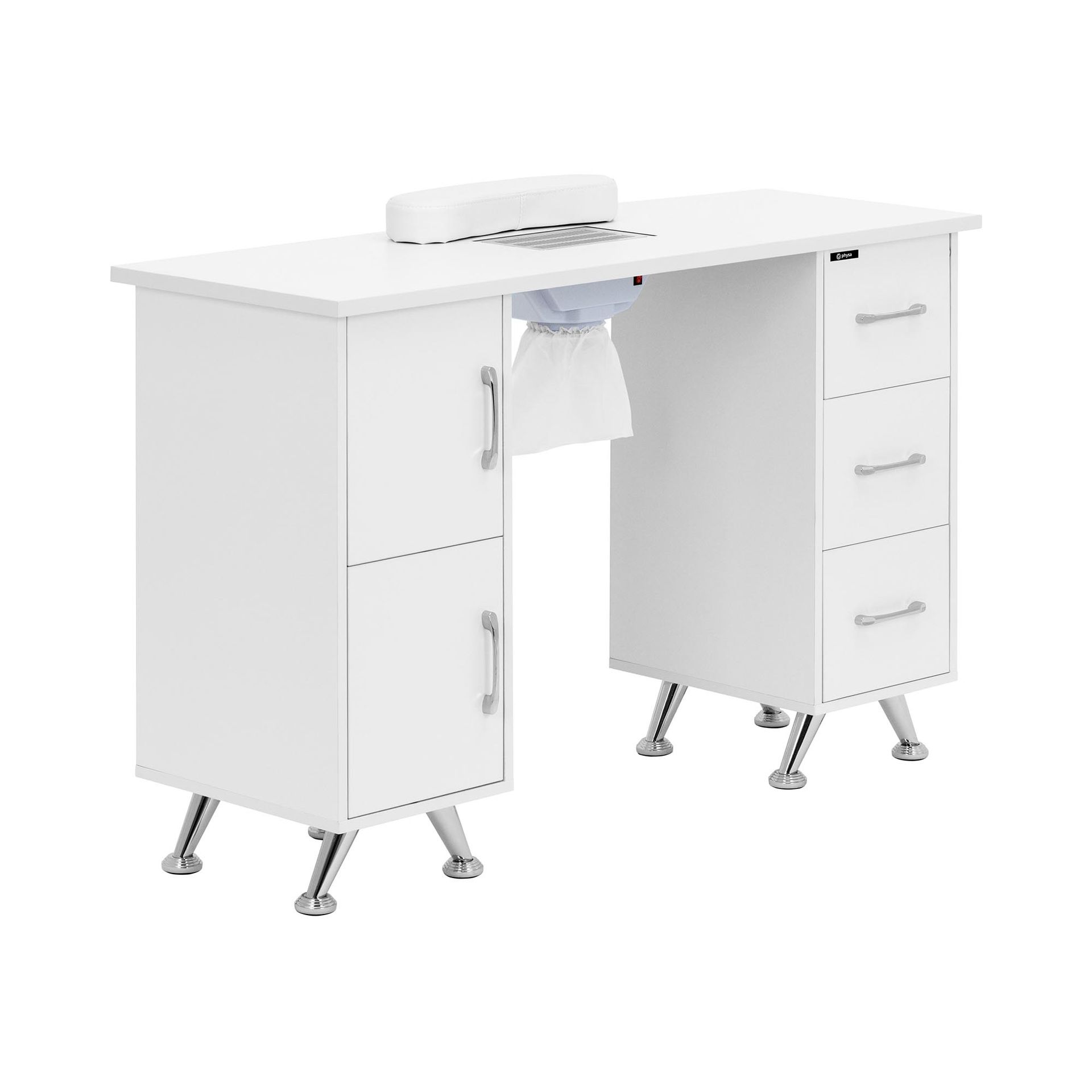 physa Biurko do manicure z pochłaniaczem białe / srebrne 3 szuflady podpórka pod dłonie - Biurka do manicure