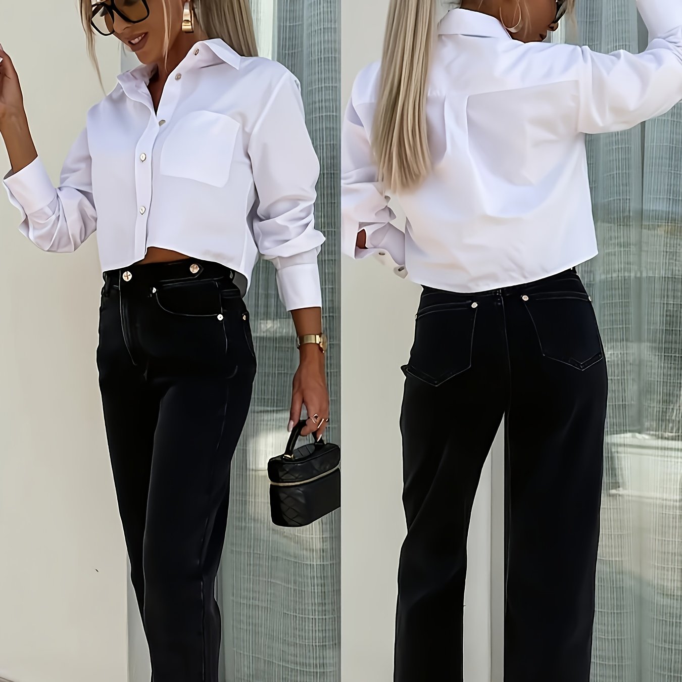 TEMU Koszula Damska Elegancka z Krótkim Rękawem - Klasyczna Złota Guzikowa Bluzka, Długie Rękawy, Biurowa i Formalna Odzież, Niskoprześwitująca