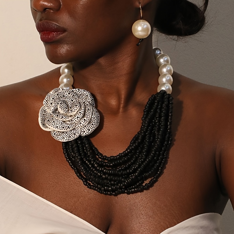 TEMU 3 szt. Boho Vintage Zestaw z Kryształkami i Kwiatem Kamelii – Lśniący Naszyjnik i Kolczyki na Ślub, Imprezę, Styl Casual, Elegancki na Cały Rok